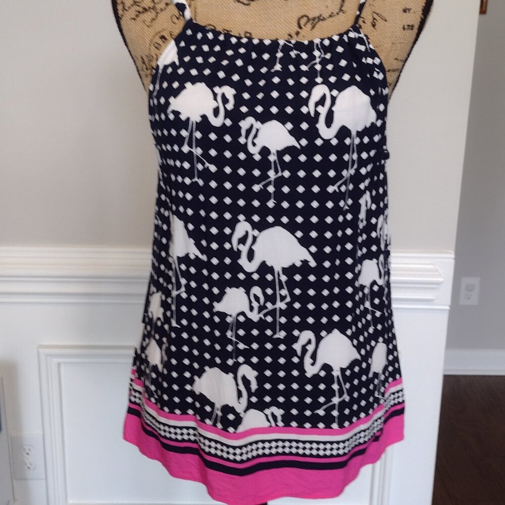 Crown & Ivy Summer Sleeveless Top, Small Blue & White Flamingos Pattern